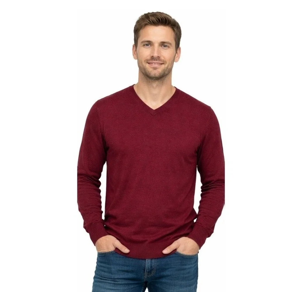 Banana Republic Merino Wool VNeck Sweater Large Burgundy Red‎ Classic Minimalist
